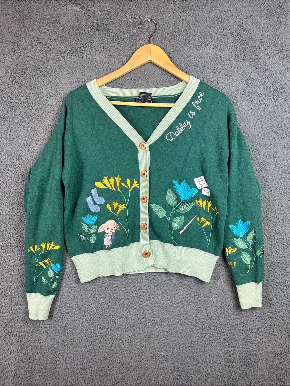 Harry Potter Wizarding World Dobby Is Free Embroidered Cardigan Green Small